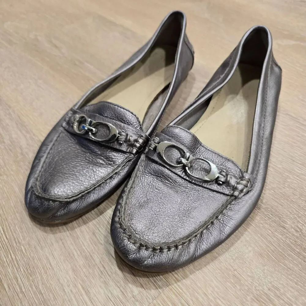 Coach Fortunata Loafers Women's 8.5M Metallic Silver Leather Pebble Grain Flats